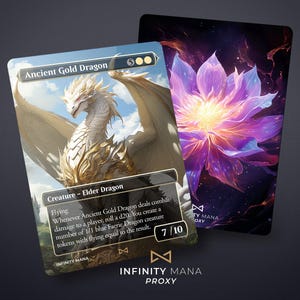 May include: A Magic: The Gathering card featuring a white and gold dragon with a blue background. The card is titled "Ancient Gold Dragon" and has a power of 7 and a toughness of 10. The card text reads "Flying. Whenever Ancient Gold Dragon deals combat damage to a player, roll a d20. You create a number of 1/1 blue Faerie Dragon creature tokens with flying equal to the result."