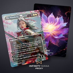 Pode incluir: Um cartão de Magic: The Gathering apresentando uma planeswalker feminina com cabelo branco e um traje vermelho e dourado. O cartão é intitulado "A Imperatriz Errante" e tem um custo de mana de 2 brancas e 2 vermelhas. O texto do cartão diz: "Relâmpago. Enquanto A Imperatriz Errante entrou no campo de batalha neste turno, você pode ativar suas habilidades de lealdade a qualquer momento em que possa conjurar uma magia. +1: Coloque um marcador +1/+1 em uma criatura alvo. -1: Ela ganha ataque primeiro até o final do turno. -2: Crie um token de criatura Samurai branca 2/2 com vigilância. -2: Exile a criatura alvo virada para baixo. Você ganha 2 vidas."