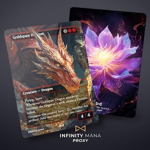 Puede incluir: Una carta de juego de estilo fantástico que representa un dragón rojo con detalles dorados y una flor morada con un centro brillante. El texto de la carta dice "Goldspan Dragon" e incluye el tipo de criatura "Dragon". La carta tiene una potencia de 4 y una resistencia de 4.
