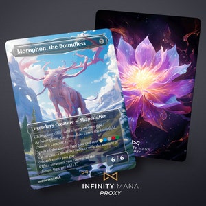 May include: A fantasy-style trading card featuring a pink creature with antlers and the text "Morophon, the Boundless". The card has a 6/6 power and toughness rating and is a legendary creature with the shapeshifter ability.