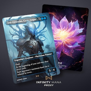 May include: Two fantasy art cards. The first card features a blue and black creature with the text "Jin-Gitaxias, Core Augur". The second card displays a purple and yellow flower. The cards are labeled "INFINITY MANA PROXY".