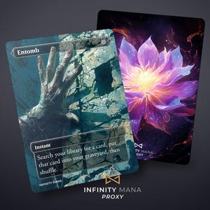 May include: A Magic: The Gathering proxy card for the spell Entomb. The card features a dark blue and green background with a hand reaching out from a cracked wall. The text on the card reads "Entomb" and "Instant". The card is a proxy for the Infinity Mana brand.