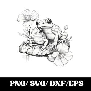 Peut inclure: Une illustration en noir et blanc au trait représentant deux grenouilles perchées sur une bûche texturée, entourées de fleurs et de boutons. Le texte PNG/SVG/DXF/EPS est affiché en bas de l'image dans une police grasse et arrondie.