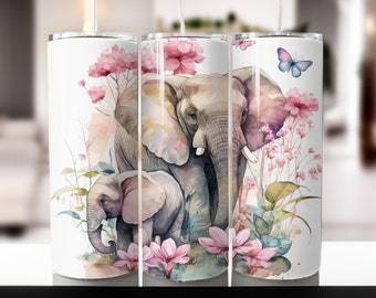 Watercolor Baby Elephants Tumbler 20oz PNG Sublimation Wrap ,tumbler wraps Designs for Straight and Tapered Tumbler, Digital Download.