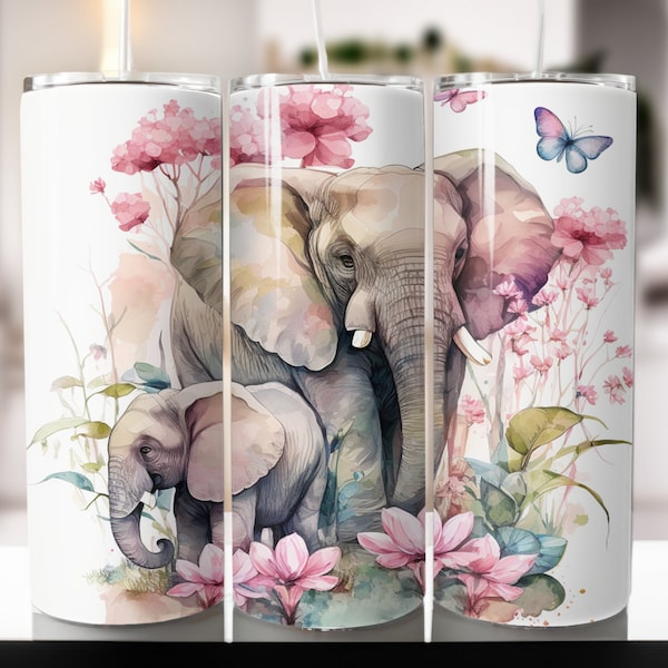 Watercolor Baby Elephants Tumbler 20oz PNG Sublimation Wrap ,tumbler wraps Designs for Straight and Tapered Tumbler, Digital Download.