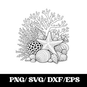 Peut inclure: Une illustration en noir et blanc au trait représentant une étoile de mer centrale entourée de divers coquillages et branches de corail. Sous l'illustration, le texte PNG/SVG/DXF/EPS est affiché dans une police arrondie, grasse et blanche.