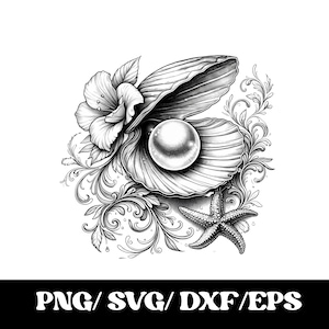 Peut inclure: Une illustration numérique en noir et blanc représentant un coquillage ouvert contenant une perle, accompagné d'une fleur d'hibiscus, d'une étoile de mer et de motifs en filigrane tourbillonnants. Le texte PNG/SVG/DXF/EPS est affiché en dessous.