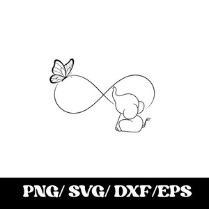 Elephant Infinity SVG, Baby Elephant PNG, Butterfly Line Art, Minimalist Animal SVG, Cricut Cut File, Sublimation Design