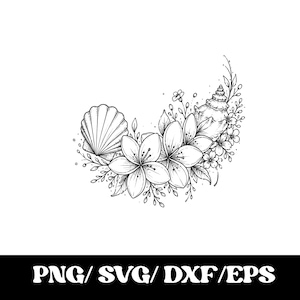 Peut inclure: Une illustration en noir et blanc au trait représentant un coquillage en éventail, un coquillage en spirale et plusieurs fleurs de frangipanier tropicales disposées en croissant avec des tiges feuillues et des boutons, étiqueté PNG, SVG, DXF, EPS.