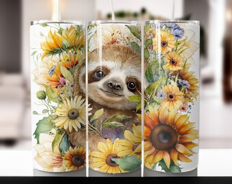 Cute Sloth with Sunflowers 20oz Skinny Tumbler Sublimation Wrap ,tumbler wraps Designs for Straight and Tapered Tumbler, Digital Download.