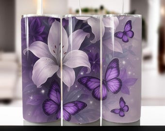 Envoltura para vaso con diseño de mariposa y flores moradas en 3D, descarga digital PNG, diseño delgado y recto para vaso, diseños florales delgados para sublimación de 20 oz