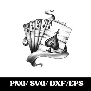 Op de afbeelding: Een zwart-witte digitale illustratie van een royal flush in schoppen, met de tien, boer, vrouw, heer en aas van schoppen in een waaier. De kaarten zijn omwikkeld met een vloeiend lint, met de tekst PNG/SVG/DXF/EPS eronder weergegeven.