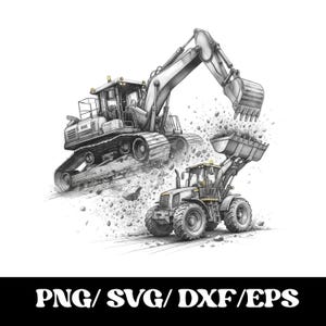 Peut inclure: Une illustration au trait noir et blanc représentant une pelle sur chenilles avec son bras levé et une chargeuse sur pneus avec son godet soulevé, entourées de rochers et de débris, avec le texte PNG/SVG/DXF/EPS en bas de l'image.