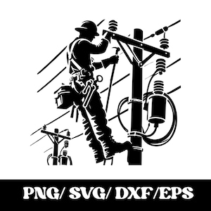 Op de afbeelding: Een zwart-witte grafische illustratie van een elektricien met een veiligheidshelm en harnas, die op een elektriciteitspaal werkt aan de stroomkabels. Onderaan de afbeelding staat de tekst PNG/SVG/DXF/EPS in een strak lettertype.