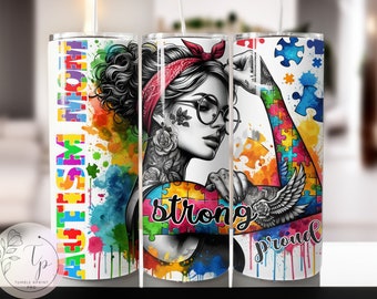 Envoltura de sublimación para vaso delgado de 20 oz "Orgullosa mamá con autismo", diseños de envolturas para vasos rectos y cónicos, descarga digital.