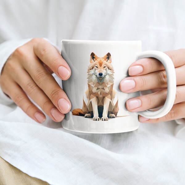 Wolf Kaffee Tasse, Wolf Liebhaber Geschenk, Wolf Becher, Sitzend, Geometrisch, Geschenk für Freundin Kinder oder Familie Keramiktasse 0,33 l