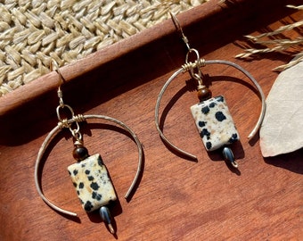 Jasper crescent earrings, 14k gold filled sterling silver earrings, crescent moon earrings, dalmatian jasper earrings