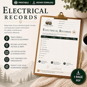 Electrical Records Printable | Home Panel & Circuit Tracker | Homeowner Binder Insert | Maintenance Log PDF