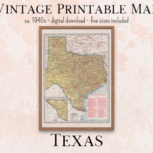 Texas Vintage afdrukbare kaart jaren 1940 Atlas | Instant Download 11x14, 18x24, 8x10, A4, 5x7, antieke kaart, retro kaart, schoolkaart, afdrukbare kunst
