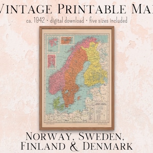 Noorwegen, Zweden, Finland & Denemarken Vintage afdrukbare kaart jaren 1940 Atlas, Instant Download 11x14, 18x24, 8x10, A4, 5x7, antieke kaart, retro kaart
