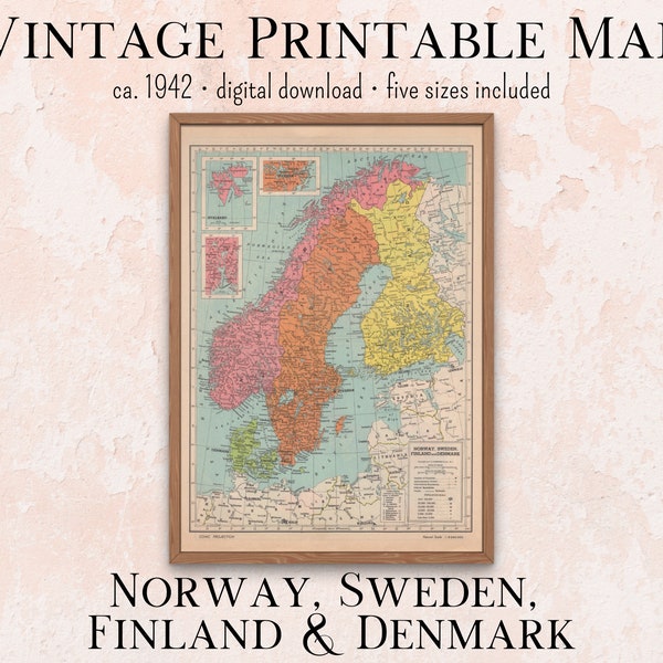 Norway, Sweden, Finland & Denmark Vintage Printable Map 1940s Atlas, Instant Download 11x14, 18x24, 8x10, A4, 5x7, antique map, retro map