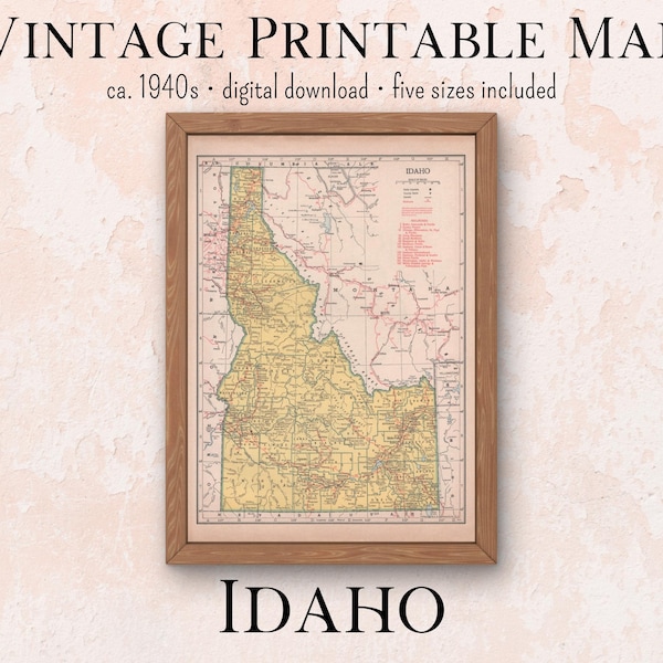 Idaho Vintage Printable Map 1940s Atlas | Instant Download 11x14, 18x24, 8x10, A4, 5x7, antique map, retro map, school map, printable art