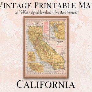 Californië Vintage afdrukbare kaart jaren 1940 Atlas Instant Download 11x14, 18x24, 8x10, A4, 5x7, antieke kaart, retro kaart, schoolkaart, afdrukbare kunst