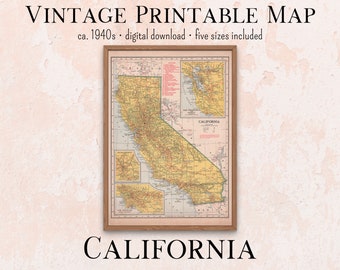 California Vintage Printable Map 1940s Atlas Instant Download 11x14, 18x24, 8x10, A4, 5x7, antique map, retro map, school map, printable art