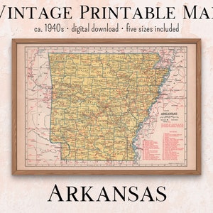 Arkansas Vintage afdrukbare kaart jaren 1940 Atlas | Instant Download 11x14, 18x24, 8x10, A4, 5x7, antieke kaart, retro kaart, schoolkaart, afdrukbare kunst