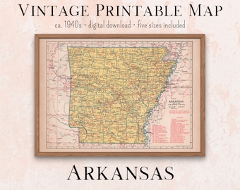 Arkansas vintage carte imprimable Atlas des années 1940 | Téléchargement instantané 11x14, 18x24, 8x10, A4, 5x7, carte antique, carte rétro, carte scolaire, art imprimable