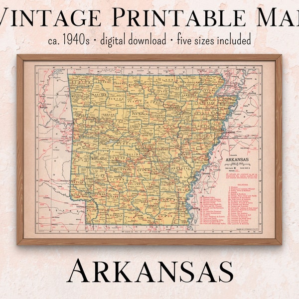 Arkansas Vintage Printable Map 1940s Atlas | Instant Download 11x14, 18x24, 8x10, A4, 5x7, antique map, retro map, school map, printable art