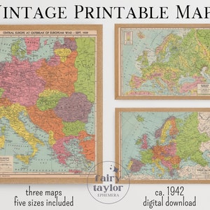 Europa Vintage afdrukbare kaartset 1942 Atlas, Instant Download 11x14, 18x24, 8x10, A4, 5x7, antieke kaart, retro kaart, afdrukbare kunst, oorlogskaart