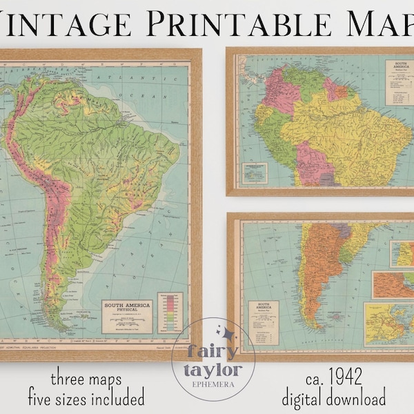 South America Vintage Printable Map Set 1942 Atlas, Instant Download 11x14, 18x24, 8x10, A4, 5x7, antique map, retro map, printable art