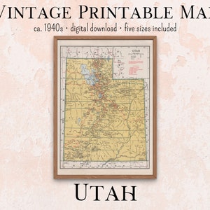 Utah Vintage afdrukbare kaart jaren 1940 Atlas | Instant Download 11x14, 18x24, 8x10, A4, 5x7, antieke kaart, retro kaart, schoolkaart, afdrukbare kunst