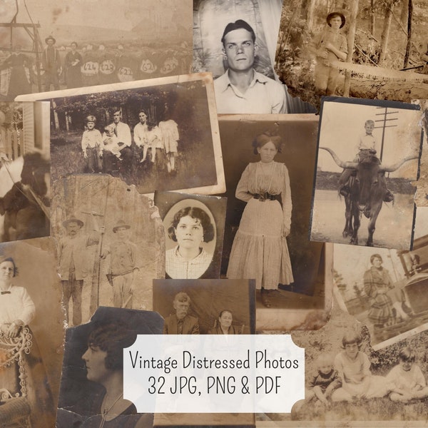 Distressed Vintage Photos JPG, PNG and PDF Collage Sheets | 1910s Digital Antique Photos, Printable Photo Portraits, Junk journal ephemera