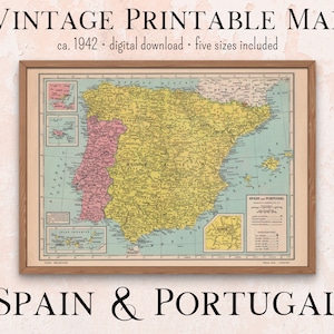 Spanje & Portugal Vintage afdrukbare kaart jaren 1940 Atlas, Instant Download 11x14, 18x24, 8x10, A4, 5x7, antieke kaart, retro kaart, afdrukbare kunst