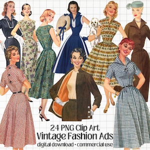 Vintage Fashion Clipart - 1950s retro dress print ads - digital download - PNG with transparent background - mixed media - commercial use