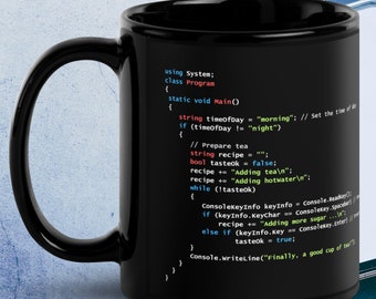 C# お茶の準備コード ブラックマグカップ、面白いプログラマーギフト、ソフトウェア開発者向けコーヒーカップ