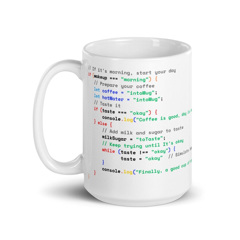 Java Script Coffee Preparing Code  - White glossy mug