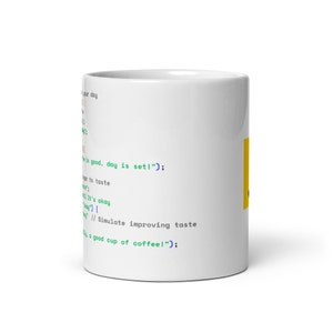 Java Script Coffee Preparing Code  - White glossy mug