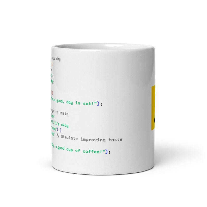 Java Script Coffee Preparing Code  - White glossy mug