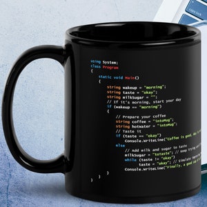 C# Coffee Preparation Code - Black Glossy Mug
