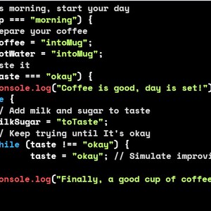 Op de afbeelding: Code-fragment dat een JavaScript-functie laat zien die het maken van koffie in de ochtend simuleert. De code bevat opmerkingen die elke stap uitleggen, zoals het bereiden van de koffie, het toevoegen van melk en suiker, en het controleren of de koffie goed smaakt.