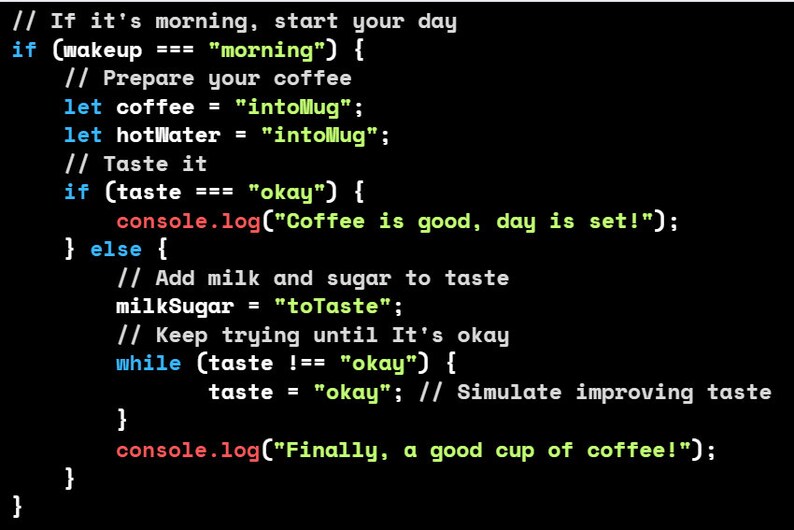 Op de afbeelding: Code-fragment dat een JavaScript-functie laat zien die het maken van koffie in de ochtend simuleert. De code bevat opmerkingen die elke stap uitleggen, zoals het bereiden van de koffie, het toevoegen van melk en suiker, en het controleren of de koffie goed smaakt.