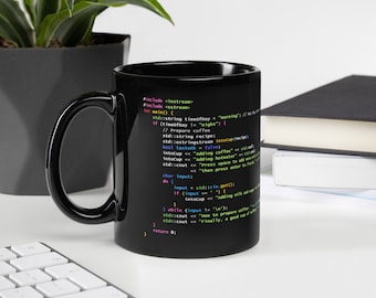 C++ Coffee Preparation Code - Black Glossy Mug