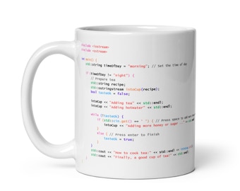 C++ Tea Mug, Funny Coding Gift for Developer, White Programmer Cup