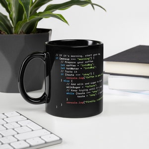 Java Script Coffee Preparing Code  - Black Glossy Mug