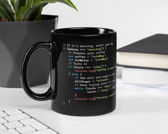 Java Script Coffee Preparing Code  - Black Glossy Mug
