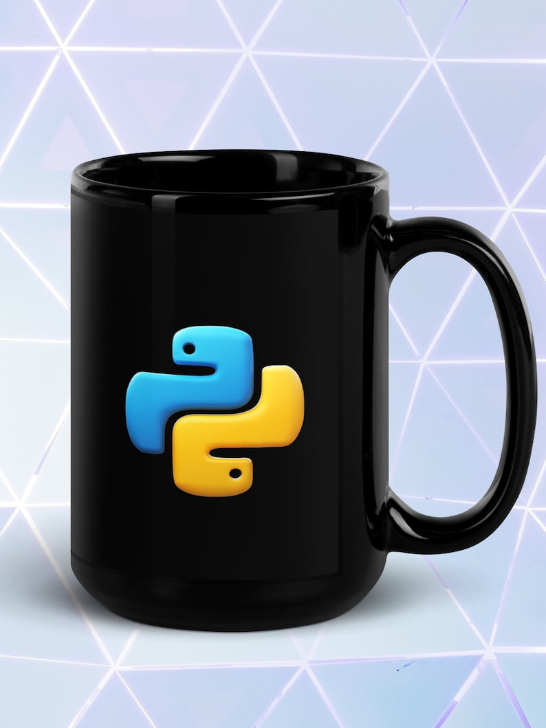 May include: Black coffee mug featuring the Python programming language logo in blue and yellow. The mug has a large handle and a glossy finish. The Python logo is a stylized snake.