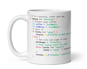 JavaScript Programmer Mug, Funny Coding Gift, White Coffee Cup